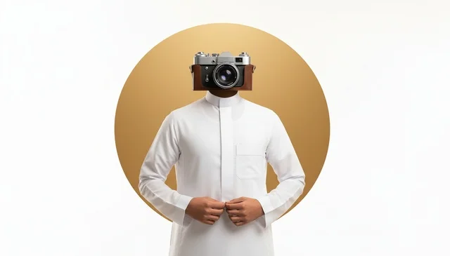 رجل سعودي يرتدي الثوب الأبيض برأس كاميرا تصوير فوتوغرافي