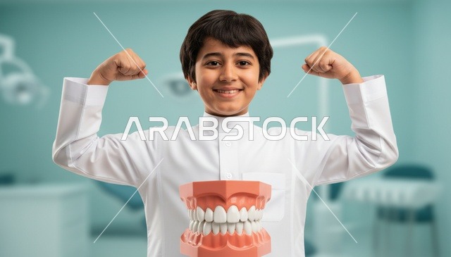 طفل سعودي بالثوب مع نموذج أسنان في عيادة طب الأسنان
