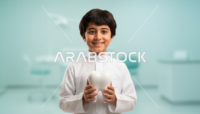 طفل سعودي يحمل مجسم سن في عيادة الأسنان