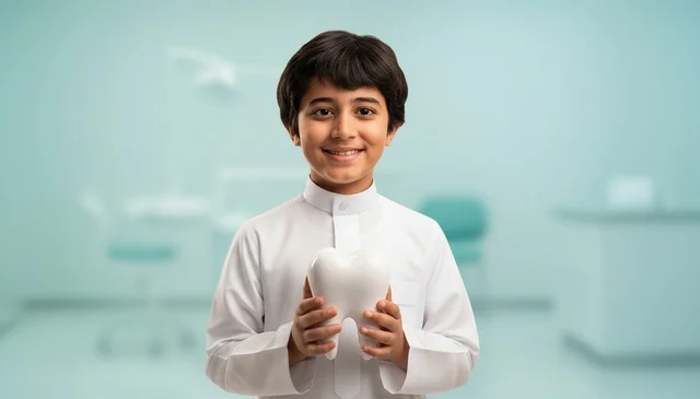 Saudi Boy Holding Tooth Model in Dental Clinic Saudi Boy Holding Tooth Model in Dental Clinic
