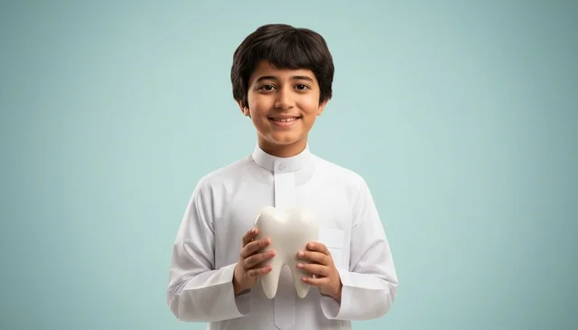 Saudi Boy Holding Dental Tooth Model in Studio