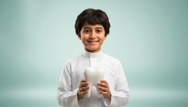 Saudi Boy in Traditional Thobe Holding Dental Tooth Model