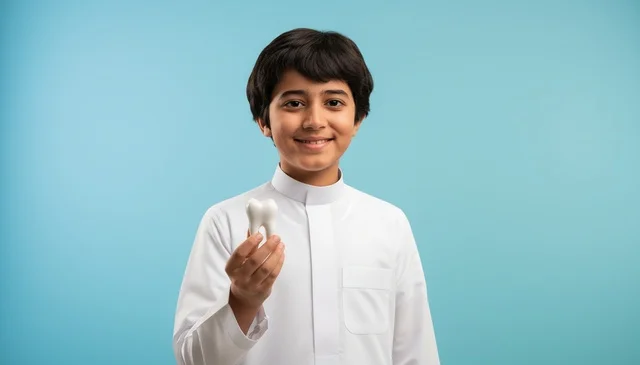 Saudi Boy Holding Human Tooth Model in Studio Saudi Boy Holding Human Tooth Model in Studio