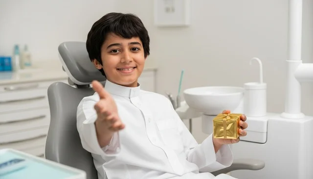 Saudi Boy Holding Gift in Dentist Chair Saudi Boy Holding Gift in Dentist Chair