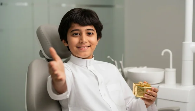 Saudi Boy in Thobe at Dentist Holding Gift Saudi Boy in Thobe at Dentist Holding Gift