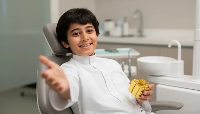 Saudi Boy in Traditional Thobe Holding Gift at Dental Clinic Saudi Boy in Traditional Thobe Holding Gift at Dental Clinic