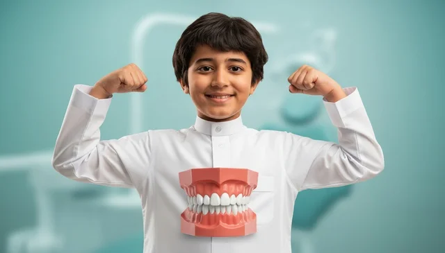 Saudi Boy with Dental Model in Medical Clinic