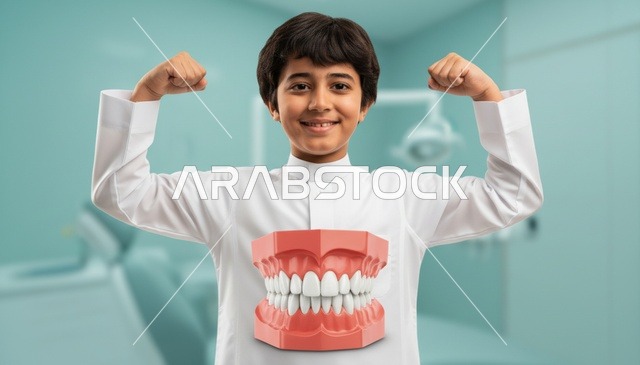 Arab Boy in Thobe Flexing Muscles with Dental Teeth Model