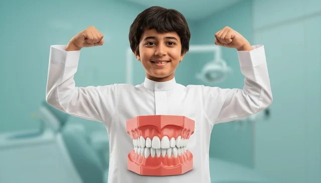 طفل عربي بالثوب يستعرض عضلاته مع نموذج أسنان طبي