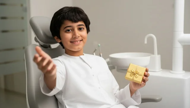 Emirati Boy in Kandura Holding Gift at Dentist Clinic
