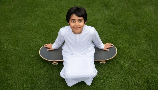 Emirati Boy in Traditional Thobe Sitting on Skateboard