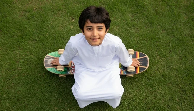Emirati Boy in White Thobe on Skateboard