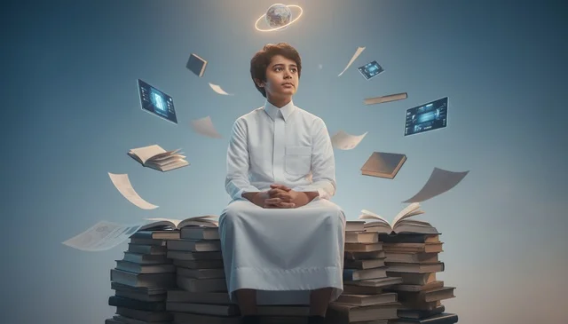 صبي سعودي مع كتب ومفهوم التعليم الرقمي