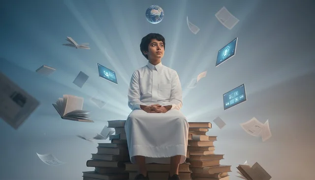 Saudi Boy on Books with Digital Learning Screens