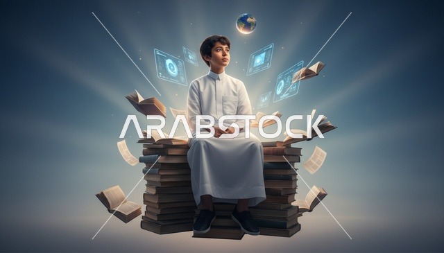 طالب سعودي بالثوب مع تقنيات التعليم الرقمي الحديث