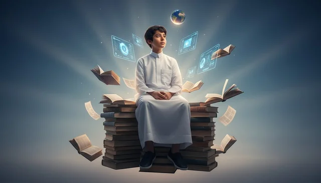 طالب سعودي بالثوب مع تقنيات التعليم الرقمي الحديث