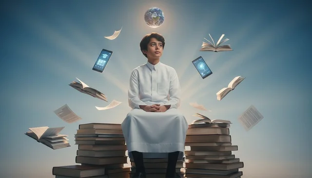 Saudi Boy in White Thobe with Books and Digital Devices