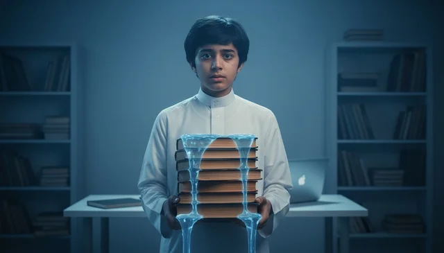 Saudi Boy in Thobe Holding Books with Digital Light
