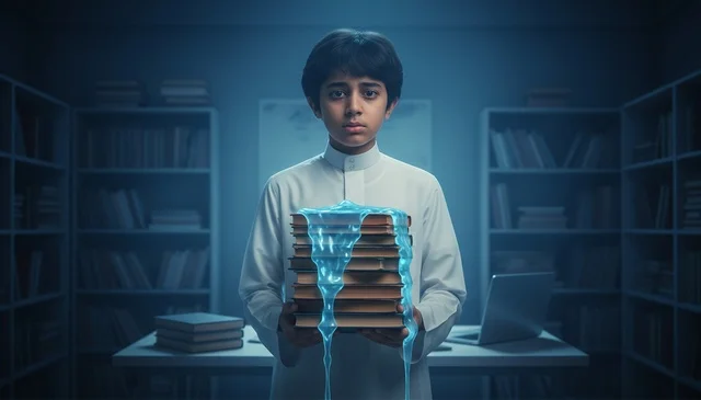 ولد سعودي يحمل كتباً متوهجة في المكتبة فن رقمي