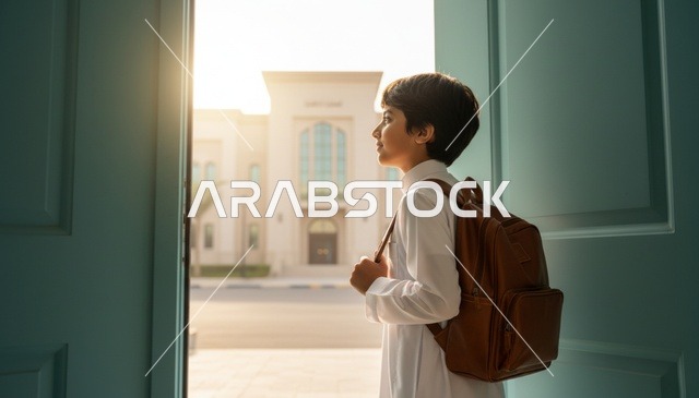 طفل سعودي بالثوب الأبيض مع حقيبة مدرسية