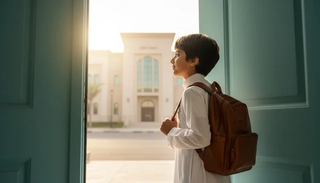 Saudi Boy in White Thobe with School Backpack