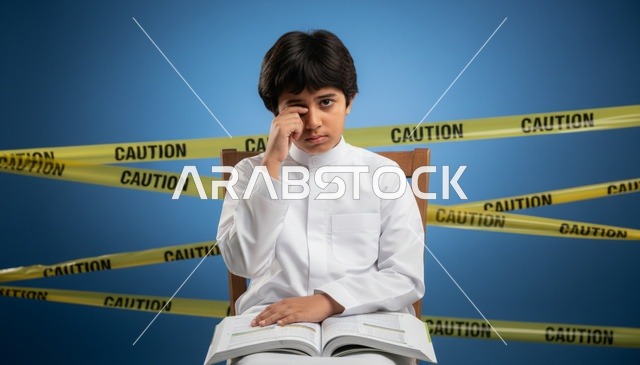 Saudi Boy in Thobe Behind Caution Tape with Book