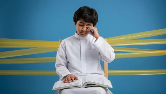 Tired Saudi Boy Studying with Book