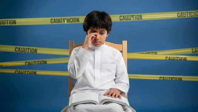 Saudi Boy in White Thobe with Caution Tape Background