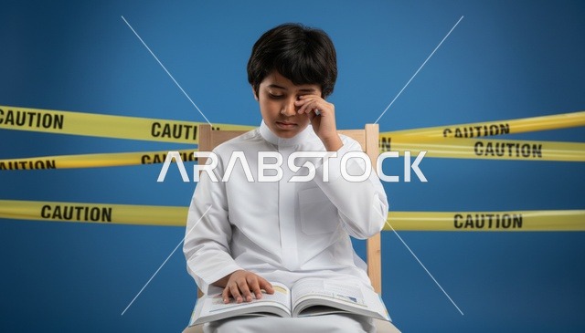 Saudi Boy in Thobe Behind Caution Tape with Book