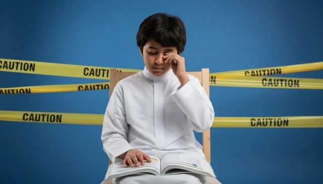 Saudi Boy in Thobe Behind Caution Tape with Book