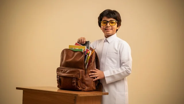 طالب سعودي بالثوب الأبيض مع حقيبة مدرسية