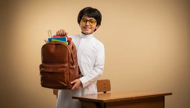 Saudi Schoolboy with Backpack and Desk