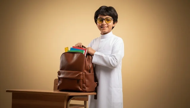 Saudi School Boy in Thobe with Backpack
