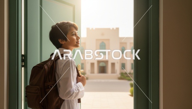طالب عربي بالثوب التقليدي يدخل مدرسة تراثية