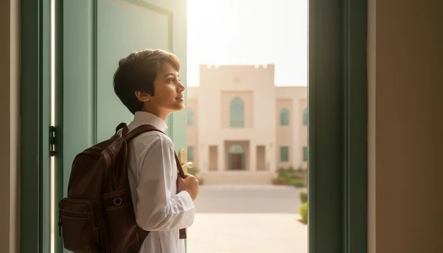 Arab Student in Thobe Entering Traditional School