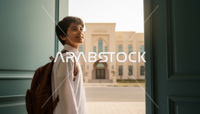 طالب سعودي بالثوب الأبيض أمام مبنى المدرسة