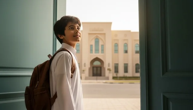 طالب سعودي بالثوب الأبيض أمام مبنى المدرسة