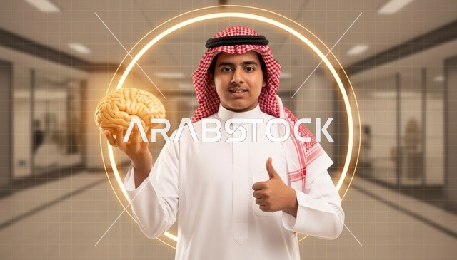 رجل سعودي يحمل نموذج دماغ مضيء في مكتب
