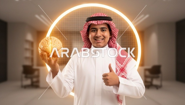 رجل سعودي يحمل نموذج دماغ مضيء في مكتب حديث
