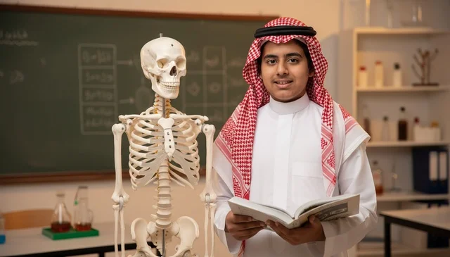 طالب سعودي في مختبر العلوم مع نموذج هيكل عظمي
