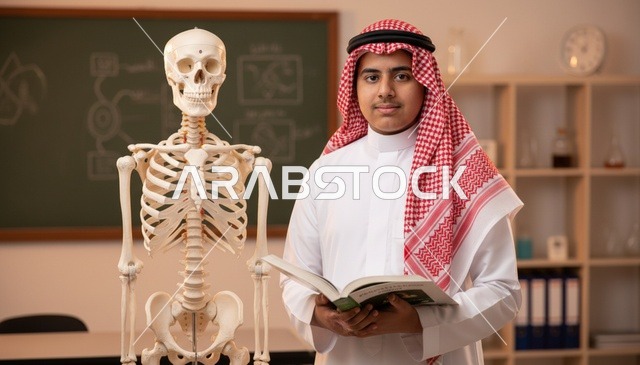 طالب سعودي مع هيكل عظمي في مختبر العلوم