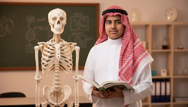 Saudi Student with Human Skeleton in Science Class Saudi Student with Human Skeleton in Science Class
