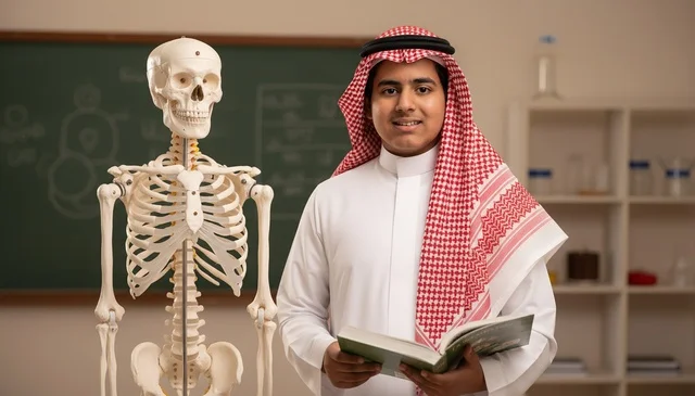طالب سعودي مع نموذج هيكل عظمي في مختبر العلوم