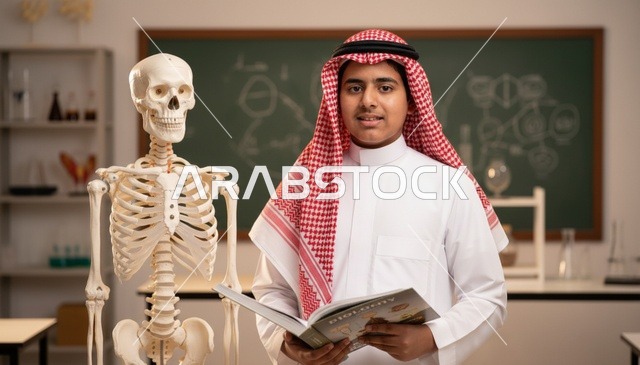 طالب سعودي مع هيكل عظمي في مختبر العلوم