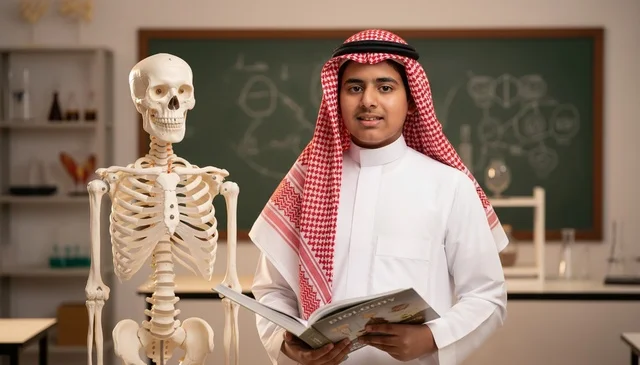 Saudi Student with Skeleton in Science Laboratory Saudi Student with Skeleton in Science Laboratory