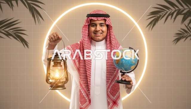 طفل سعودي بالزي التقليدي يحمل فانوس ومجسم الكرة الأرضية