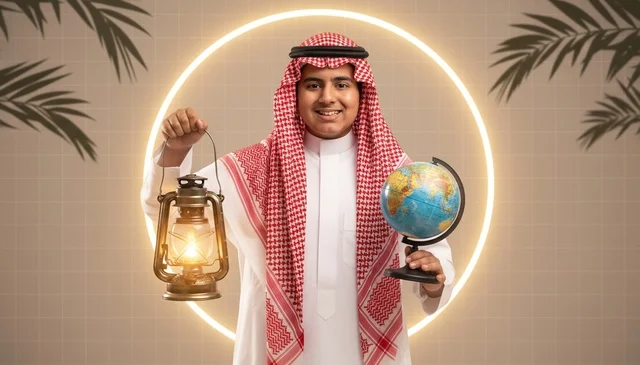 طفل سعودي بالزي التقليدي يحمل فانوس ومجسم الكرة الأرضية