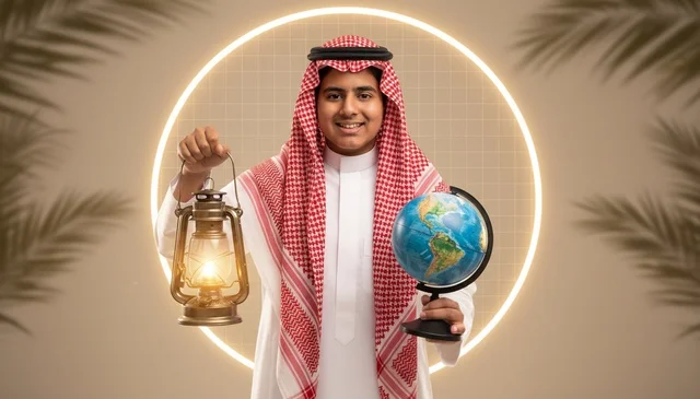 شاب سعودي بالثوب التقليدي يحمل فانوساً وكرة أرضية
