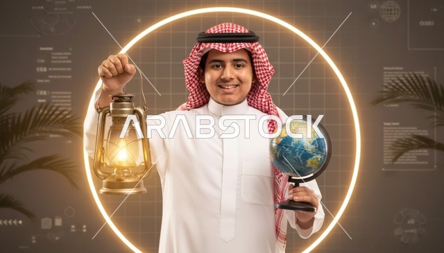 رجل سعودي يحمل مجسم الكرة الأرضية وفانوساً بخلفية تقنية
