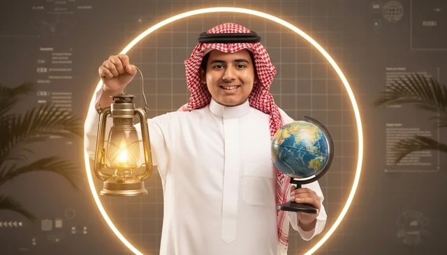 Saudi Man Holding Globe and Lantern Digital Background
